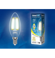 Лампа светодиодная филаментная (UL-00003245) Uniel E14 7,5W 3000K прозрачная LED-C35-7,5W/WW/E14/CL GLA01TR