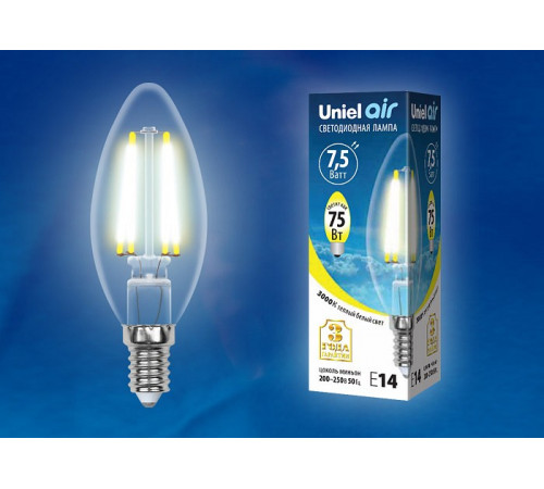 Лампа светодиодная филаментная (UL-00003245) Uniel E14 7,5W 3000K прозрачная LED-C35-7,5W/WW/E14/CL GLA01TR Лампа светодиодная филаментная (UL-00003245) Uniel E14 7,5W 3000K прозрачная LED-C35-7,5W/WW/E14/CL GLA01TR