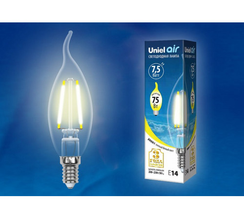 Лампа светодиодная филаментная (UL-00003248) Uniel E14 7,5W 3000K прозрачная LED-CW35-7,5W/WW/E14/CL GLA01TR Лампа светодиодная филаментная (UL-00003248) Uniel E14 7,5W 3000K прозрачная LED-CW35-7,5W/WW/E14/CL GLA01TR
