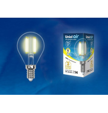Лампа светодиодная филаментная (UL-00003250) Uniel E14 7,5W 3000K прозрачная LED-G45-7,5W/WW/E14/CL GLA01TR
