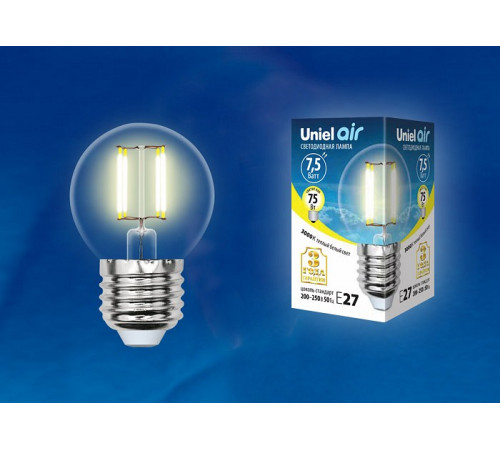 Лампа светодиодная филаментная (UL-00003252) Uniel E27 7,5W 3000K прозрачная LED-G45-7,5W/WW/E27/CL GLA01TR Лампа светодиодная филаментная (UL-00003252) Uniel E27 7,5W 3000K прозрачная LED-G45-7,5W/WW/E27/CL GLA01TR