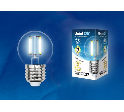 Лампа светодиодная филаментная (UL-00003255) Uniel E27 7,5W 4000K прозрачная LED-G45-7,5W/NW/E27/CL GLA01TR Лампа светодиодная филаментная (UL-00003255) Uniel E27 7,5W 4000K прозрачная LED-G45-7,5W/NW/E27/CL GLA01TR