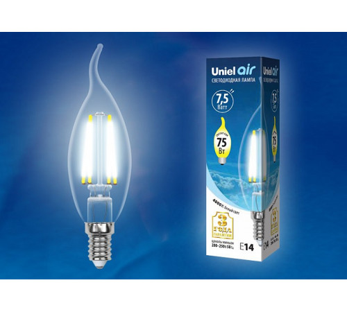 Лампа светодиодная филаментная (UL-00003296) Uniel E14 7,5W 4000K прозрачная LED-CW35-7,5W/NW/E14/CL GLA01TR Лампа светодиодная филаментная (UL-00003296) Uniel E14 7,5W 4000K прозрачная LED-CW35-7,5W/NW/E14/CL GLA01TR