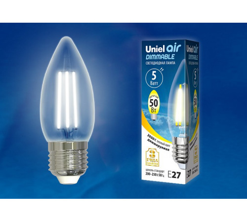 Лампа светодиодная диммируемая (UL-00003643) Uniel E27 5W прозрачная LED-C35-5W/WW/E27/CL/DIM GLA01TR Лампа светодиодная диммируемая (UL-00003643) Uniel E27 5W прозрачная LED-C35-5W/WW/E27/CL/DIM GLA01TR