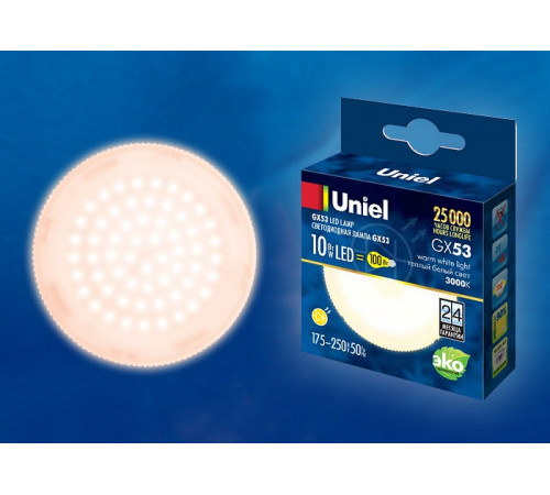 Лампа светодиодная (UL-00003722) Uniel GX53 10W 3000K матовая LED-GX53-10W/WW/GX53/FR PLZ01WH