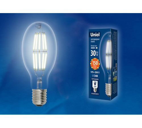 Лампа светодиодная филаментная (UL-00003761) Uniel E40 30W 6500K прозрачная LED-ED90-30W/DW/E40/CL GLP05TR Лампа светодиодная филаментная (UL-00003761) Uniel E40 30W 6500K прозрачная LED-ED90-30W/DW/E40/CL GLP05TR