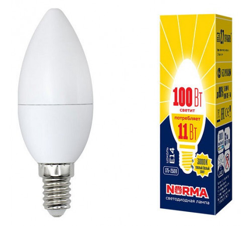 Лампа светодиодная (UL-00003812) Volpe E14 11W 3000K матовая LED-C37-11W/WW/E14/FR/NR Лампа светодиодная (UL-00003812) Volpe E14 11W 3000K матовая LED-C37-11W/WW/E14/FR/NR