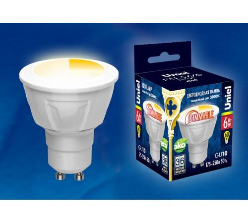 Лампа светодиодная диммируемая (UL-00003990) Uniel GU10 6W 3000K матовая LED-JCDR 6W/WW/GU10/FR/DIM PLP01WH