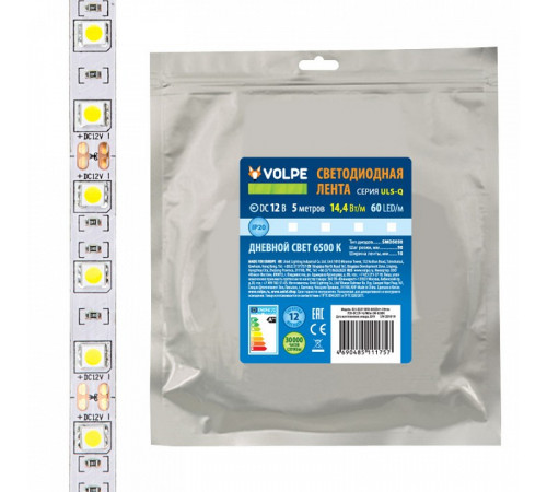 Светодиодная лента Volpe 14,4W/m 60LED/m 5050SMD RGB 5M ULS-Q221 5050-60LED/m-10mm-IP20-DC12V-14,4W/m-5M-RGB UL-00004354