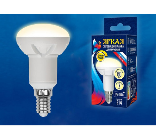 Лампа светодиодная диммируемая (UL-00004710) Uniel E14 7W 3000K матовая LED-R50 7W/3000K/E14/FR/DIM PLP01WH
