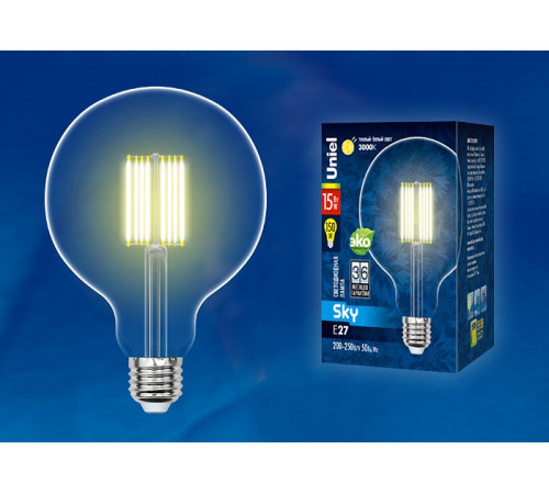 Лампа светодиодная филаментная (UL-00004860) Uniel E27 15W 3000K прозрачная LED-G125-15W/3000K/E27/CL PLS02WH Лампа светодиодная филаментная (UL-00004860) Uniel E27 15W 3000K прозрачная LED-G125-15W/3000K/E27/CL PLS02WH
