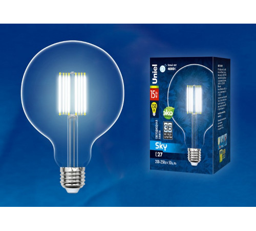 Лампа светодиодная филаментная (UL-00004861) Uniel E27 15W 4000K прозрачная LED-G125-15W/4000K/E27/CL PLS02WH Лампа светодиодная филаментная (UL-00004861) Uniel E27 15W 4000K прозрачная LED-G125-15W/4000K/E27/CL PLS02WH