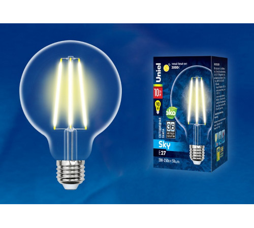 Лампа светодиодная филаментная (UL-00004862) Uniel E27 10W 3000K прозрачная LED-G95-10W/3000K/E27/CL PLS02WH Лампа светодиодная филаментная (UL-00004862) Uniel E27 10W 3000K прозрачная LED-G95-10W/3000K/E27/CL PLS02WH