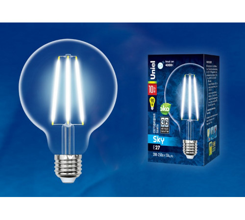 Лампа светодиодная филаментная (UL-00004863) Uniel E27 10W 4000K прозрачная LED-G95-10W/4000K/E27/CL PLS02WH Лампа светодиодная филаментная (UL-00004863) Uniel E27 10W 4000K прозрачная LED-G95-10W/4000K/E27/CL PLS02WH