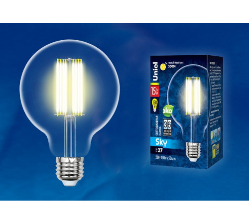 Лампа светодиодная филаментная (UL-00004864) Uniel E27 15W 3000K прозрачная LED-G95-15W/3000K/E27/CL PLS02WH Лампа светодиодная филаментная (UL-00004864) Uniel E27 15W 3000K прозрачная LED-G95-15W/3000K/E27/CL PLS02WH