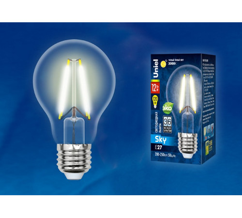 Лампа светодиодная филаментная (UL-00004866) Uniel E27 12W 3000K прозрачная LED-A60-12W/3000K/E27/CL PLS02WH Лампа светодиодная филаментная (UL-00004866) Uniel E27 12W 3000K прозрачная LED-A60-12W/3000K/E27/CL PLS02WH