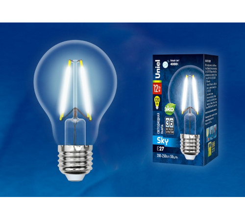 Лампа светодиодная филаментная (UL-00004867) Uniel E27 12W 4000K прозрачная LED-A60-12W/4000K/E27/CL PLS02WH Лампа светодиодная филаментная (UL-00004867) Uniel E27 12W 4000K прозрачная LED-A60-12W/4000K/E27/CL PLS02WH