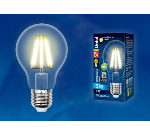 Лампа светодиодная филаментная (UL-00004868) Uniel E27 15W 3000K прозрачная LED-A70-15W/3000K/E27/CL PLS02WH Лампа светодиодная филаментная (UL-00004868) Uniel E27 15W 3000K прозрачная LED-A70-15W/3000K/E27/CL PLS02WH