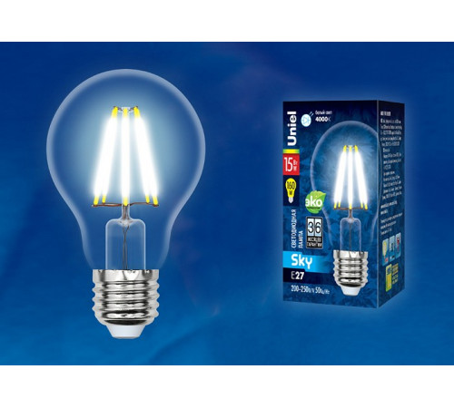 Лампа светодиодная филаментная (UL-00004869) Uniel E27 15W 4000K прозрачная LED-A70-15W/4000K/E27/CL PLS02WH Лампа светодиодная филаментная (UL-00004869) Uniel E27 15W 4000K прозрачная LED-A70-15W/4000K/E27/CL PLS02WH