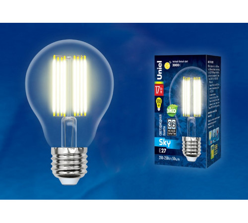Лампа светодиодная филаментная (UL-00004870) Uniel E27 17W 3000K прозрачная LED-A70-17W/3000K/E27/CL PLS02WH Лампа светодиодная филаментная (UL-00004870) Uniel E27 17W 3000K прозрачная LED-A70-17W/3000K/E27/CL PLS02WH