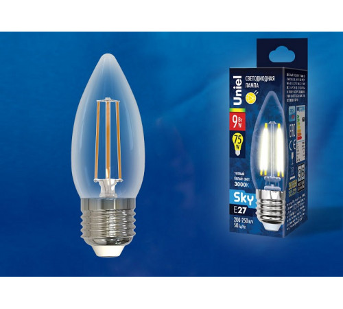 Лампа светодиодная филаментная (UL-00005162) Uniel E27 9W 3000K прозрачная LED-C35-9W/3000K/E27/CL PLS02WH Лампа светодиодная филаментная (UL-00005162) Uniel E27 9W 3000K прозрачная LED-C35-9W/3000K/E27/CL PLS02WH