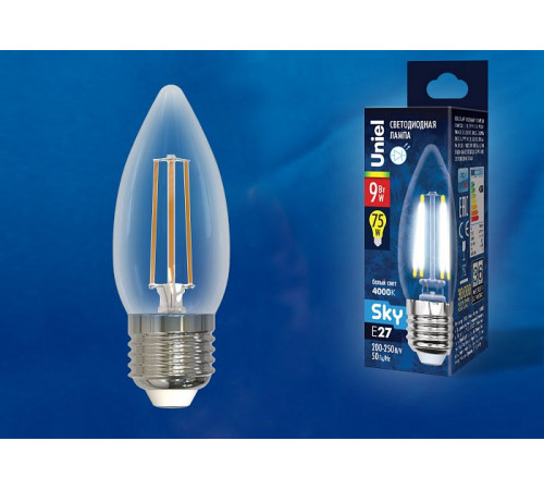 Лампа светодиодная филаментная (UL-00005163) Uniel E27 9W 4000K прозрачная LED-C35-9W/4000K/E27/CL PLS02WH Лампа светодиодная филаментная (UL-00005163) Uniel E27 9W 4000K прозрачная LED-C35-9W/4000K/E27/CL PLS02WH