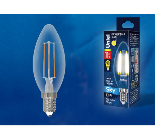 Лампа светодиодная филаментная (UL-00005164) Uniel E14 11W 3000K прозрачная LED-C35-11W/3000K/E14/CL PLS02WH Лампа светодиодная филаментная (UL-00005164) Uniel E14 11W 3000K прозрачная LED-C35-11W/3000K/E14/CL PLS02WH