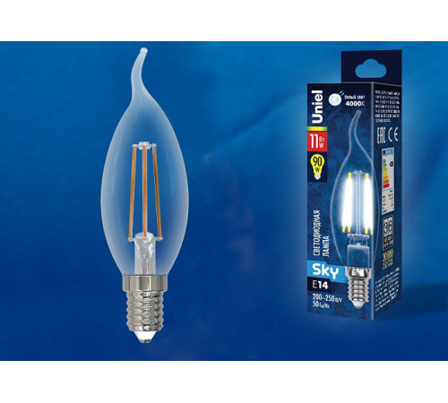 Лампа светодиодная филаментная (UL-00005171) Uniel E14 11W 4000K прозрачная LED-CW35-11W/4000K/E14/CL PLS02WH Лампа светодиодная филаментная (UL-00005171) Uniel E14 11W 4000K прозрачная LED-CW35-11W/4000K/E14/CL PLS02WH