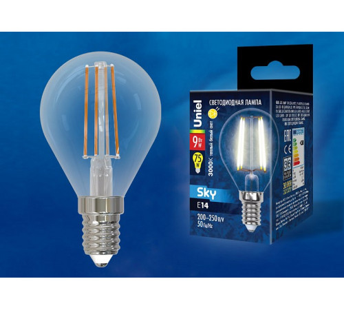Лампа светодиодная филаментная (UL-00005172) Uniel E14 9W 3000K прозрачная LED-G45-9W/3000K/E14/CL PLS02WH Лампа светодиодная филаментная (UL-00005172) Uniel E14 9W 3000K прозрачная LED-G45-9W/3000K/E14/CL PLS02WH
