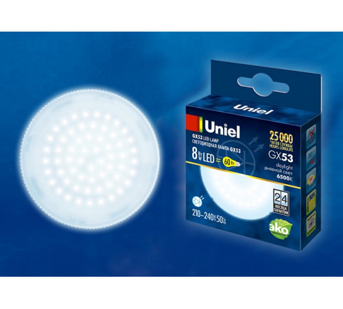 Лампа светодиодная (UL-00005312) Uniel GX53 8W 6500K матовая LED-GX53-8W/6500K/GX53/FR PLZ01WH Лампа светодиодная (UL-00005312) Uniel GX53 8W 6500K матовая LED-GX53-8W/6500K/GX53/FR PLZ01WH