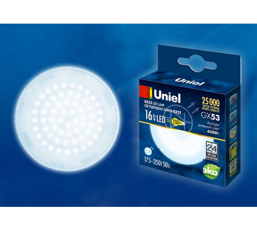 Лампа светодиодная (UL-00005315) Uniel GX53 16W 6500K матовая LED-GX53-16W/6500K/GX53/FR PLZ01WH Лампа светодиодная (UL-00005315) Uniel GX53 16W 6500K матовая LED-GX53-16W/6500K/GX53/FR PLZ01WH