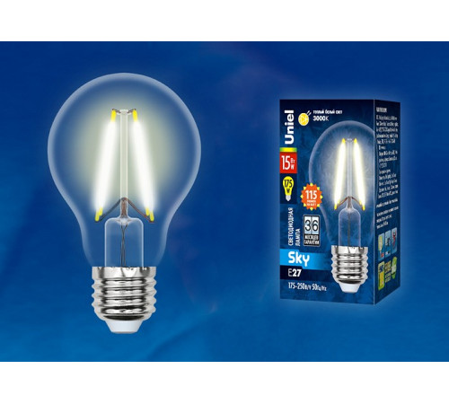 Лампа светодиодная филаментная (UL-00005849) Uniel E27 15W 3000K прозрачная LED-A60-15W/3000K/E27/CL PLS02WH Лампа светодиодная филаментная (UL-00005849) Uniel E27 15W 3000K прозрачная LED-A60-15W/3000K/E27/CL PLS02WH