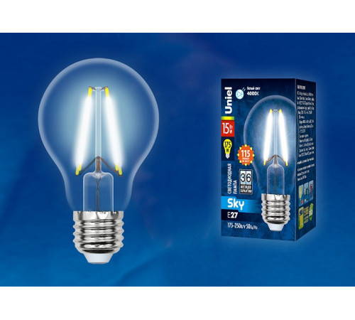 Лампа светодиодная филаментная (UL-00005850) Uniel E27 15W 4000K прозрачная LED-A60-15W/4000K/E27/CL PLS02WH Лампа светодиодная филаментная (UL-00005850) Uniel E27 15W 4000K прозрачная LED-A60-15W/4000K/E27/CL PLS02WH