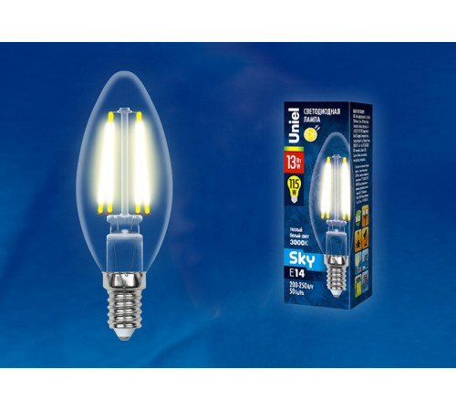Лампа светодиодная филаментная (UL-00005899) Uniel E14 13W 3000K прозрачная LED-C35-13W/3000K/E14/CL PLS02WH Лампа светодиодная филаментная (UL-00005899) Uniel E14 13W 3000K прозрачная LED-C35-13W/3000K/E14/CL PLS02WH