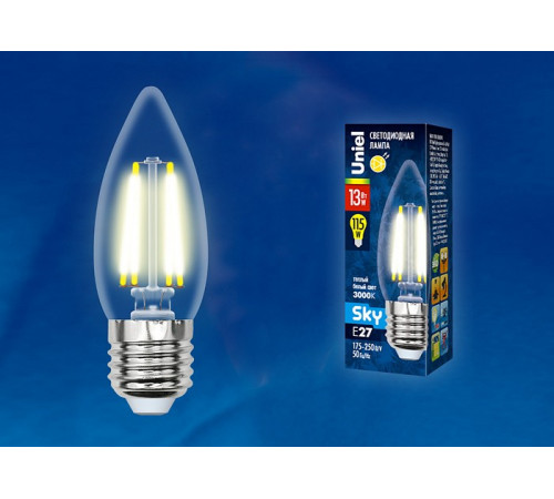 Лампа светодиодная филаментная (UL-00005901) Uniel E27 13W 3000K прозрачная LED-C35-13W/3000K/E27/CL PLS02WH Лампа светодиодная филаментная (UL-00005901) Uniel E27 13W 3000K прозрачная LED-C35-13W/3000K/E27/CL PLS02WH