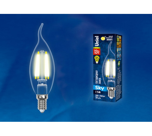 Лампа светодиодная филаментная (UL-00005903) Uniel E14 13W 3000K прозрачная LED-CW35-13W/3000K/E14/CL PLS02WH Лампа светодиодная филаментная (UL-00005903) Uniel E14 13W 3000K прозрачная LED-CW35-13W/3000K/E14/CL PLS02WH