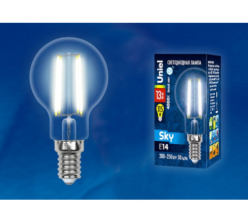 Лампа светодиодная филаментная (UL-00005906) Uniel E14 13W 4000K прозрачная LED-G45-13W/4000K/E14/CL PLS02WH Лампа светодиодная филаментная (UL-00005906) Uniel E14 13W 4000K прозрачная LED-G45-13W/4000K/E14/CL PLS02WH