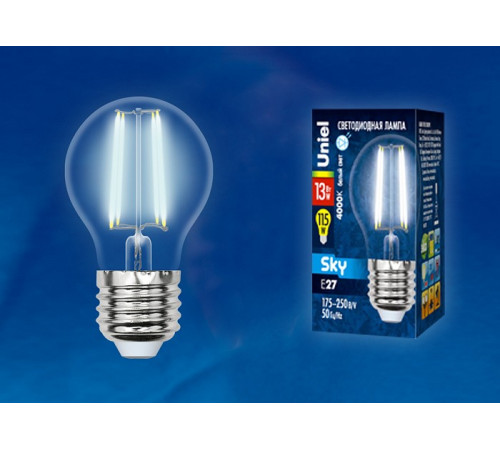Лампа светодиодная филаментная (UL-00005908) Uniel E27 13W 4000K прозрачная LED-G45-13W/4000K/E27/CL PLS02WH Лампа светодиодная филаментная (UL-00005908) Uniel E27 13W 4000K прозрачная LED-G45-13W/4000K/E27/CL PLS02WH