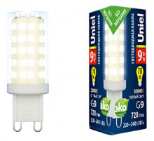 Лампа светодиодная (UL-00006488) Uniel G9 9W 3000K прозрачная LED-JCD-9W/3000K/G9/CL GLZ09TR