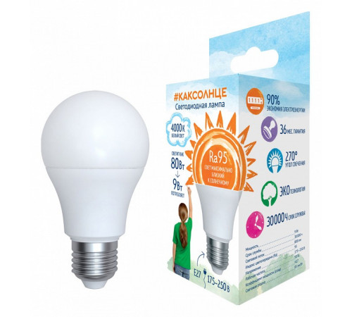 Лампа светодиодная (UL-00006504) Uniel E27 6W 4000K матовая LED-A60-9W/4000K/E27/FR/RA95 PLK01WH