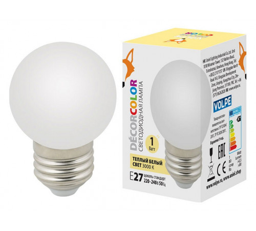 Лампа светодиодная Volpe Decor color LED-G45-1W/3000K/E27/FR/С UL-00006560 Лампа светодиодная Volpe Decor color LED-G45-1W/3000K/E27/FR/С UL-00006560