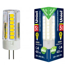 Лампа светодиодная (UL-00006744) Uniel G4 5W 3000K прозрачная LED-JC-220/5W/3000K/G4/CL GLZ09TR