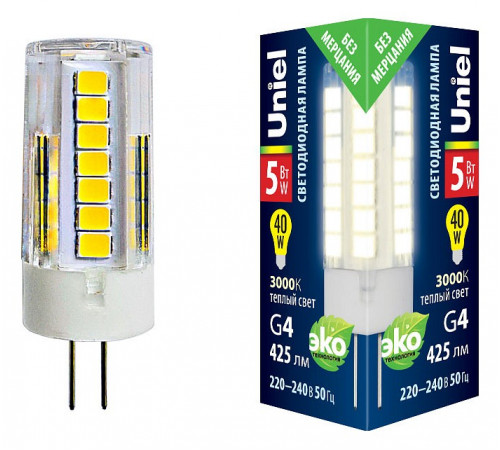Лампа светодиодная (UL-00006744) Uniel G4 5W 3000K прозрачная LED-JC-220/5W/3000K/G4/CL GLZ09TR