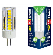 Лампа светодиодная (UL-00006745) Uniel G4 5W 4000K прозрачная LED-JC-220/5W/4000K/G4/CL GLZ09TR