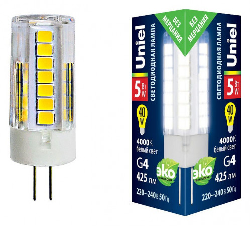 Лампа светодиодная (UL-00006745) Uniel G4 5W 4000K прозрачная LED-JC-220/5W/4000K/G4/CL GLZ09TR Лампа светодиодная (UL-00006745) Uniel G4 5W 4000K прозрачная LED-JC-220/5W/4000K/G4/CL GLZ09TR