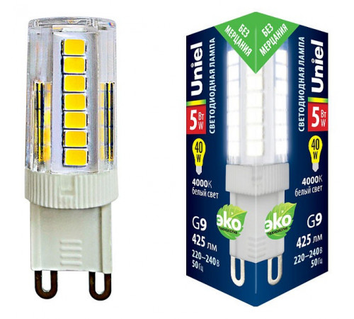 Лампа светодиодная (UL-00006749) Uniel G9 5W 4000K прозрачная LED-JCD-5W/4000K/G9/CL GLZ09TR