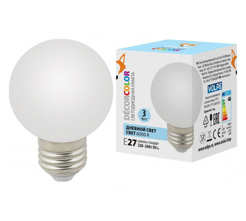 Лампа светодиодная Volpe Decor color LED-G60-3W/6000K/E27/FR/С UL-00006956 Лампа светодиодная Volpe Decor color LED-G60-3W/6000K/E27/FR/С UL-00006956
