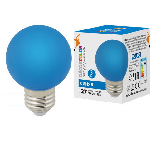 Лампа светодиодная Volpe E27 3W синий шар LED-G60-3W/Blue/E27/FR/С UL-00006957 Лампа светодиодная Volpe E27 3W синий шар LED-G60-3W/Blue/E27/FR/С UL-00006957
