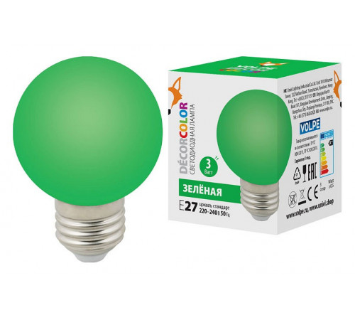 Лампа светодиодная Volpe E27 3W зеленая LED-G60-3W/Green/E27/FR/С UL-00006958 Лампа светодиодная Volpe E27 3W зеленая LED-G60-3W/Green/E27/FR/С UL-00006958