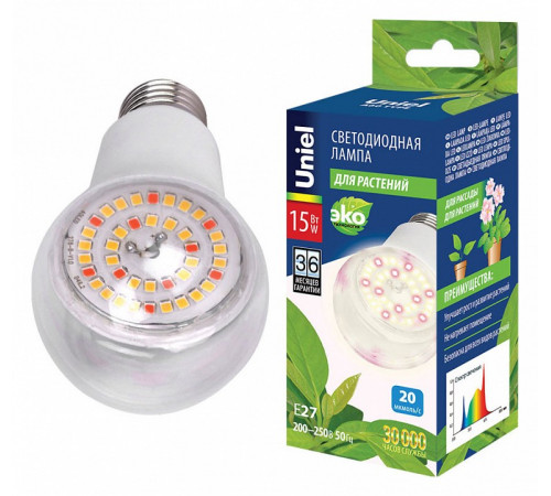 Лампа светодиодная для растений (UL-00007405) Uniel E27 15W груша прозрачная LED-A60-15W/SPFB/E27/CL PLP30WH Лампа светодиодная для растений (UL-00007405) Uniel E27 15W груша прозрачная LED-A60-15W/SPFB/E27/CL PLP30WH